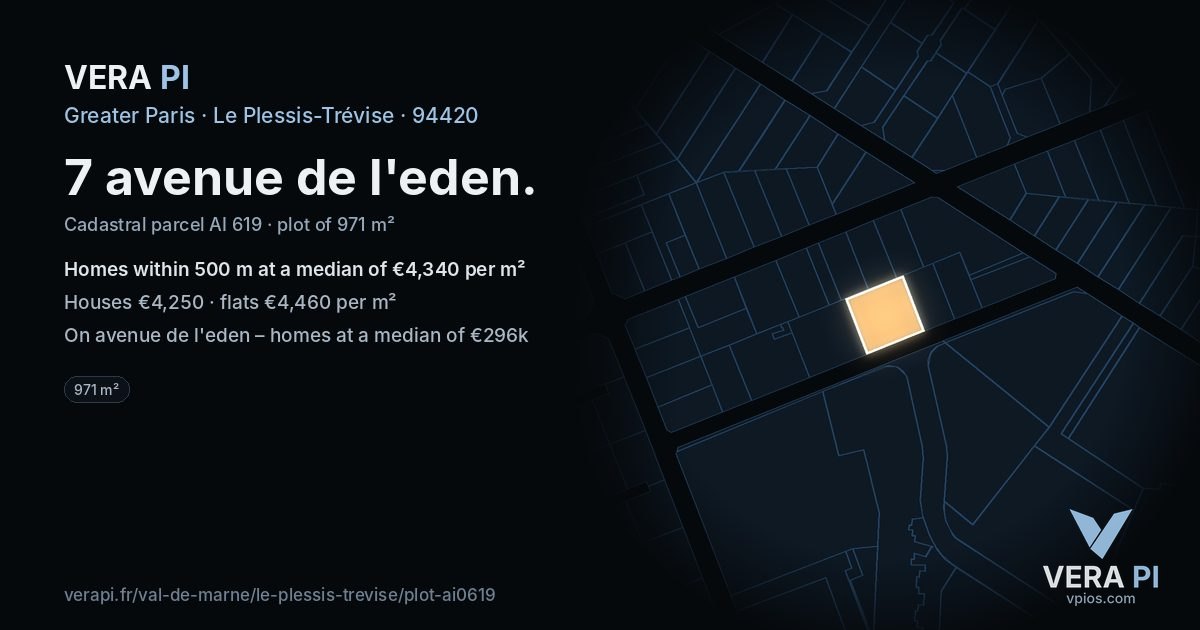 7 avenue de l'eden, Le Plessis-Trévise at night – the plot lit, the parcels around coloured by the prices near them