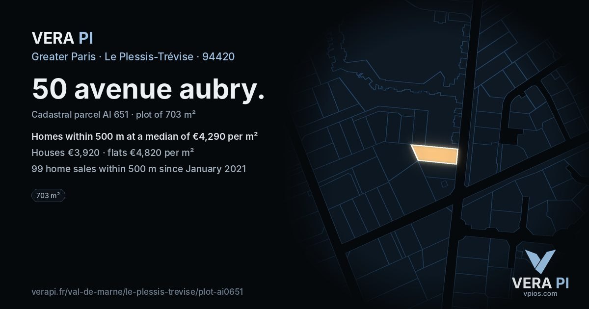 50 avenue aubry, Le Plessis-Trévise at night – the plot lit, the parcels around coloured by the prices near them