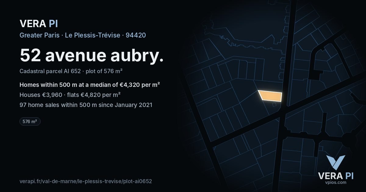 52 avenue aubry, Le Plessis-Trévise at night – the plot lit, the parcels around coloured by the prices near them