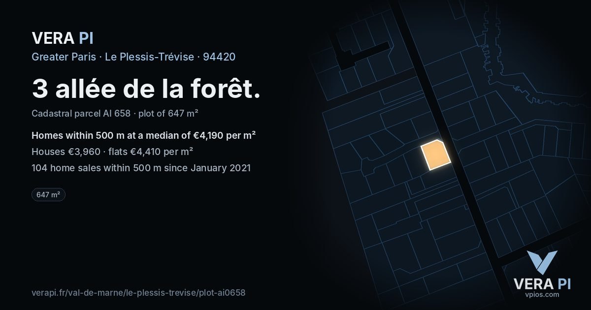 3 allée de la forêt, Le Plessis-Trévise at night – the plot lit, the parcels around coloured by the prices near them