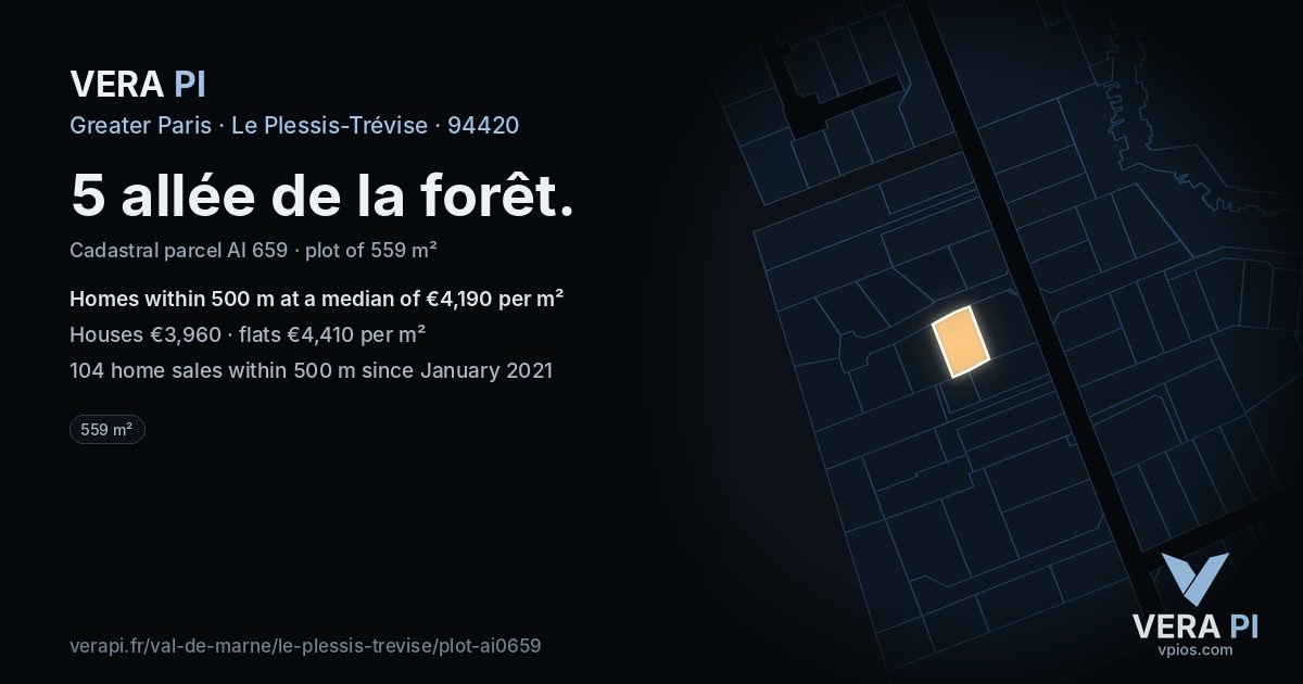 5 allée de la forêt, Le Plessis-Trévise at night – the plot lit, the parcels around coloured by the prices near them