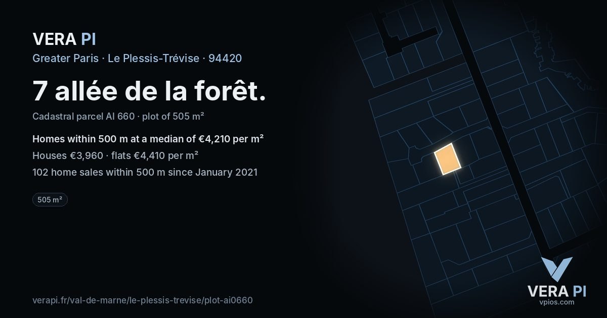 7 allée de la forêt, Le Plessis-Trévise at night – the plot lit, the parcels around coloured by the prices near them