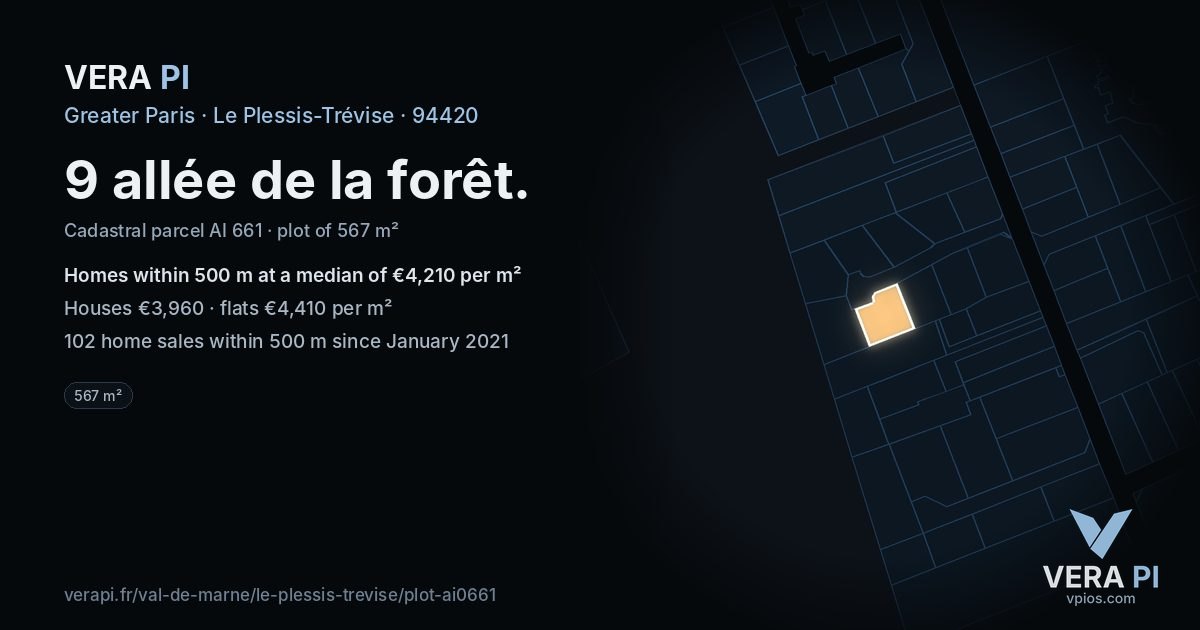 9 allée de la forêt, Le Plessis-Trévise at night – the plot lit, the parcels around coloured by the prices near them