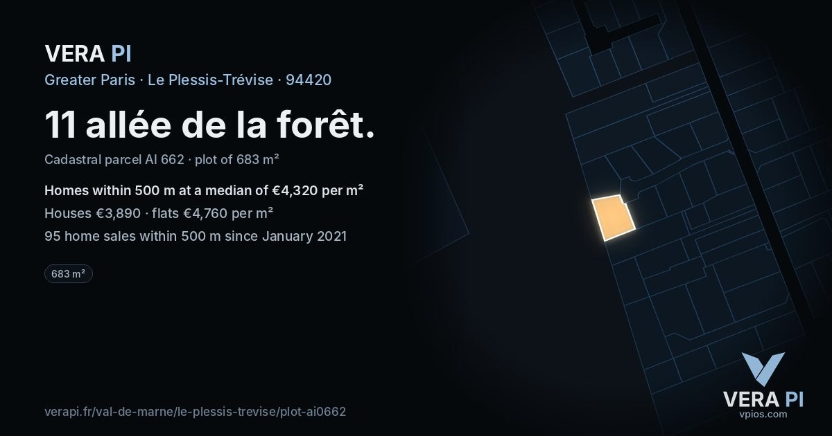 11 allée de la forêt, Le Plessis-Trévise at night – the plot lit, the parcels around coloured by the prices near them