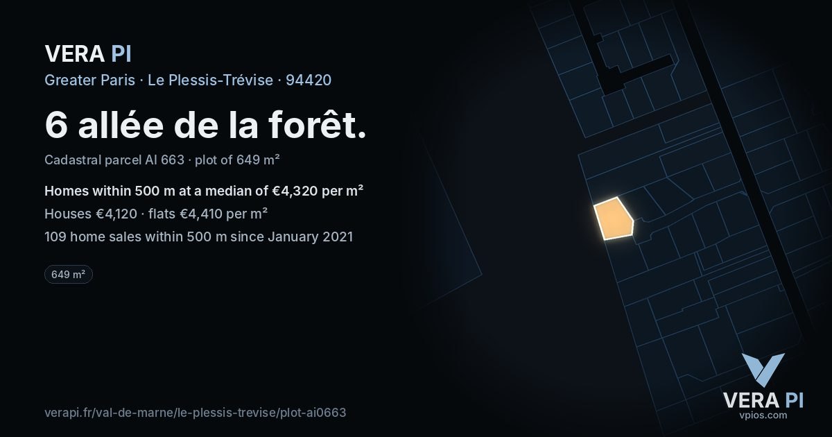 6 allée de la forêt, Le Plessis-Trévise at night – the plot lit, the parcels around coloured by the prices near them