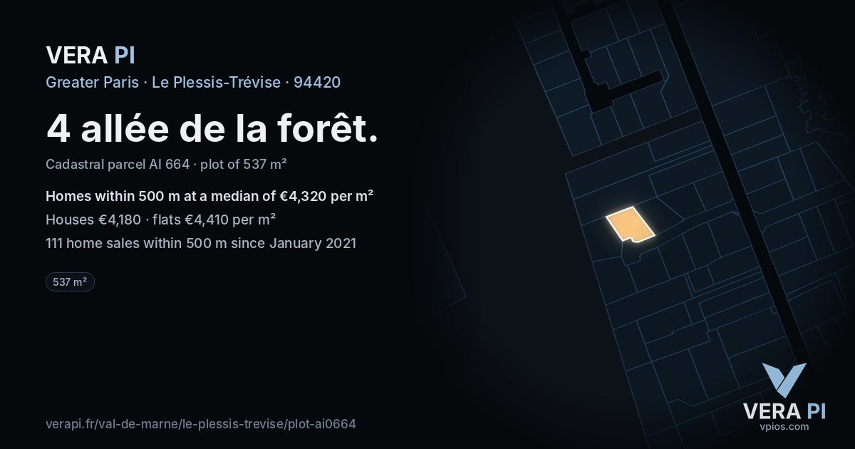 4 allée de la forêt, Le Plessis-Trévise at night – the plot lit, the parcels around coloured by the prices near them