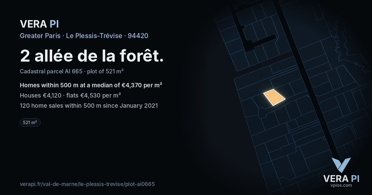 2 allée de la forêt, Le Plessis-Trévise at night – the plot lit, the parcels around coloured by the prices near them