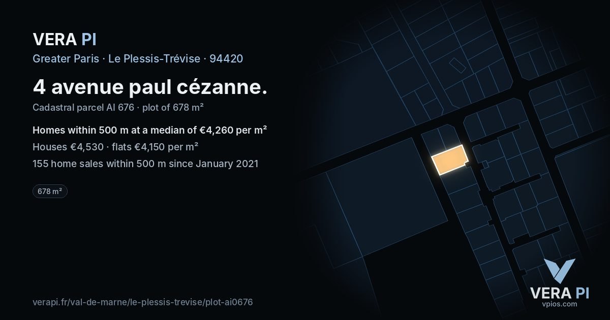 4 avenue paul cézanne, Le Plessis-Trévise at night – the plot lit, the parcels around coloured by the prices near them