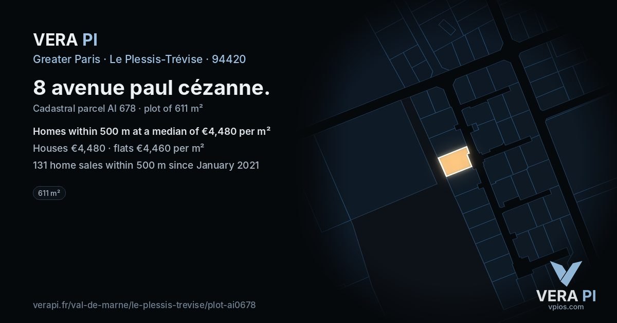 8 avenue paul cézanne, Le Plessis-Trévise at night – the plot lit, the parcels around coloured by the prices near them
