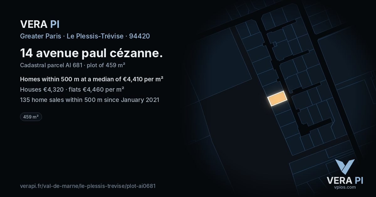 14 avenue paul cézanne, Le Plessis-Trévise at night – the plot lit, the parcels around coloured by the prices near them