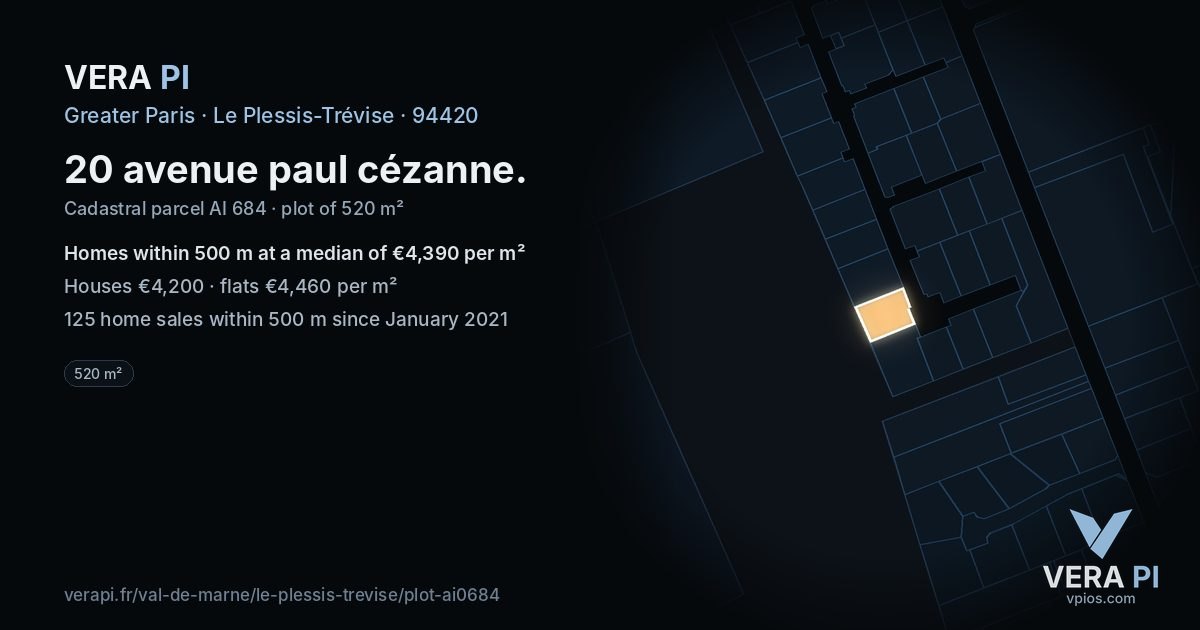 20 avenue paul cézanne, Le Plessis-Trévise at night – the plot lit, the parcels around coloured by the prices near them