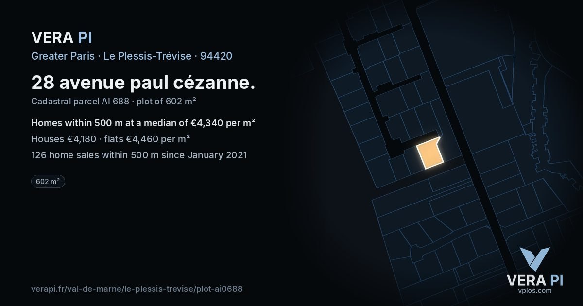 28 avenue paul cézanne, Le Plessis-Trévise at night – the plot lit, the parcels around coloured by the prices near them