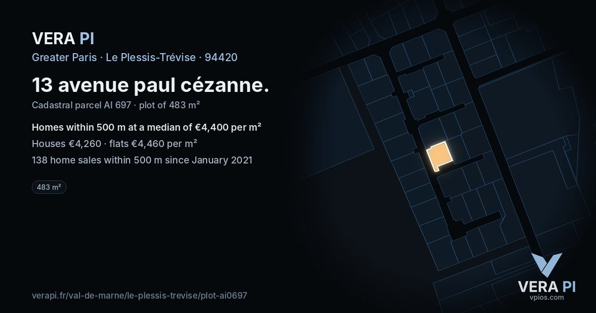 13 avenue paul cézanne, Le Plessis-Trévise at night – the plot lit, the parcels around coloured by the prices near them