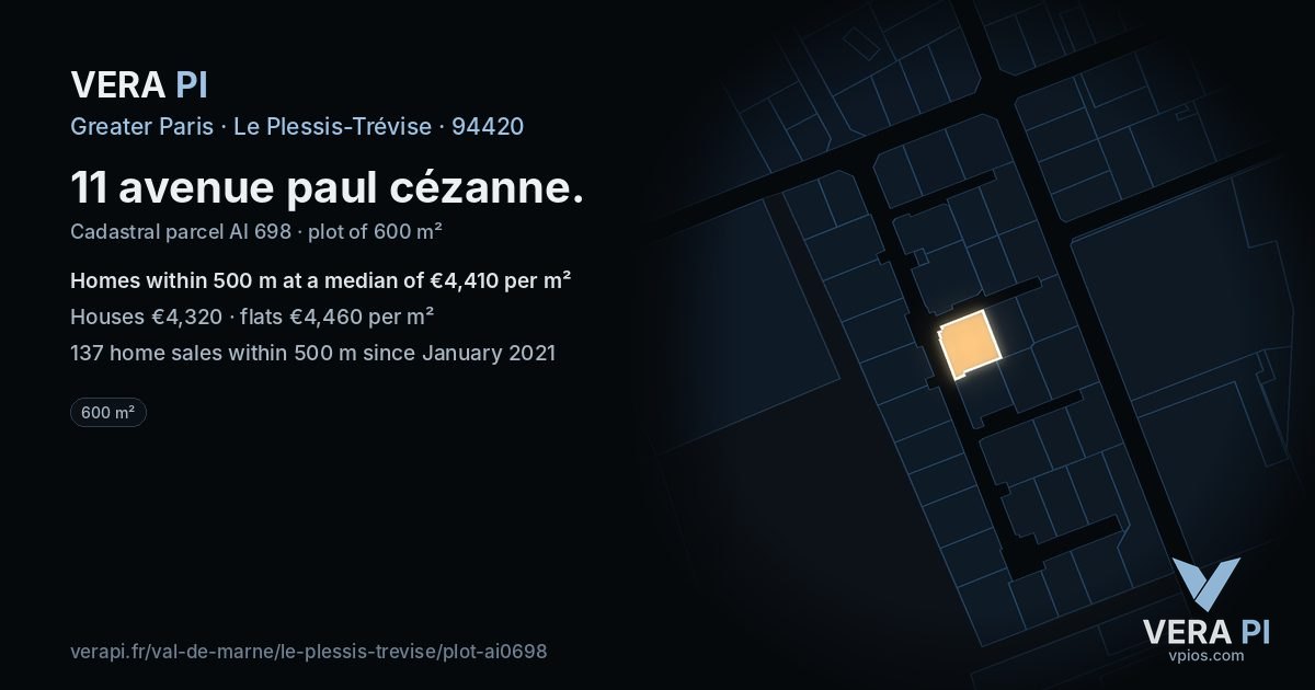 11 avenue paul cézanne, Le Plessis-Trévise at night – the plot lit, the parcels around coloured by the prices near them