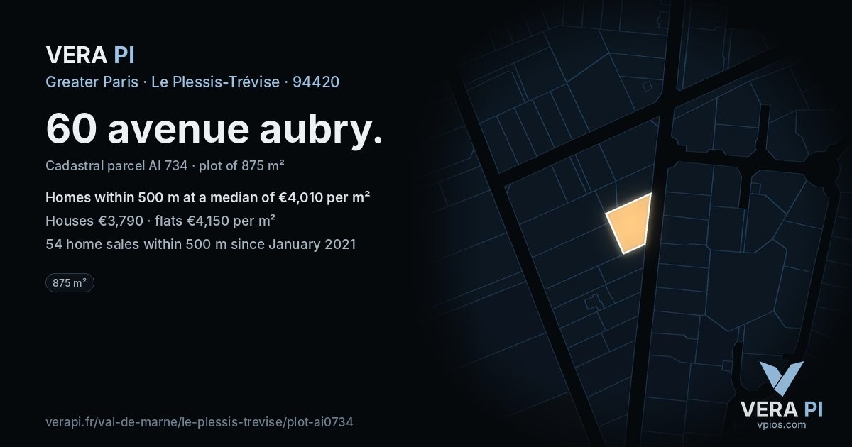 60 avenue aubry, Le Plessis-Trévise at night – the plot lit, the parcels around coloured by the prices near them