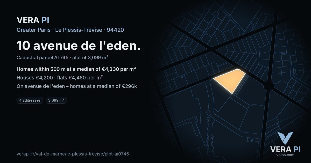 10 avenue de l'eden, Le Plessis-Trévise at night – the plot lit, the parcels around coloured by the prices near them