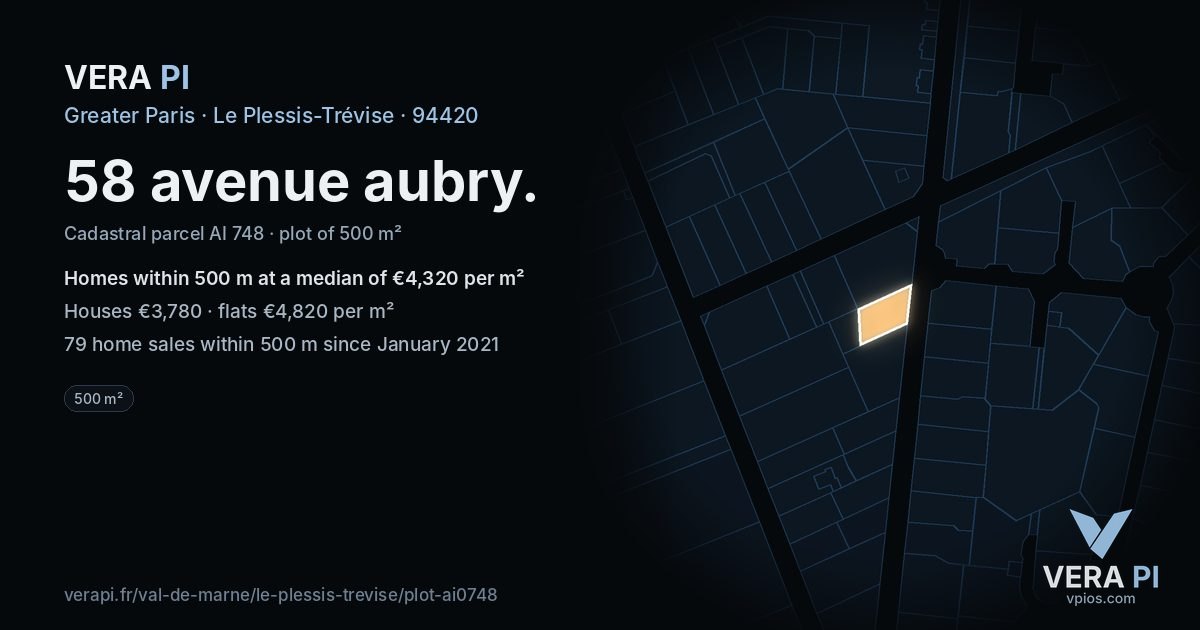 58 avenue aubry, Le Plessis-Trévise at night – the plot lit, the parcels around coloured by the prices near them