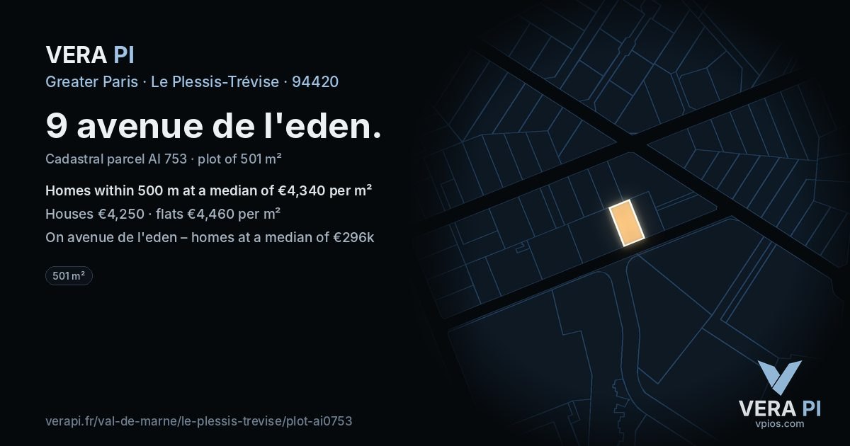9 avenue de l'eden, Le Plessis-Trévise at night – the plot lit, the parcels around coloured by the prices near them