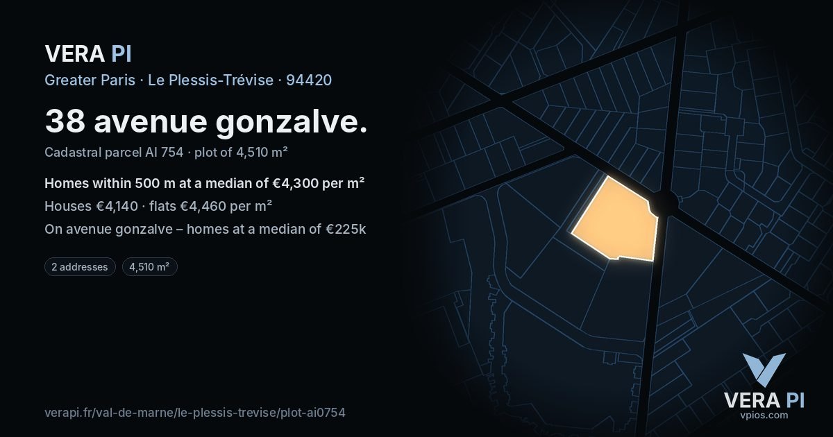 38 avenue gonzalve, Le Plessis-Trévise at night – the plot lit, the parcels around coloured by the prices near them