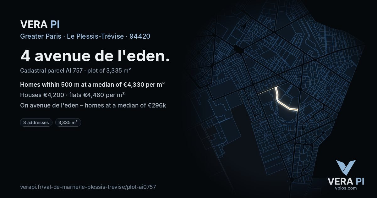 4 avenue de l'eden, Le Plessis-Trévise at night – the plot lit, the parcels around coloured by the prices near them