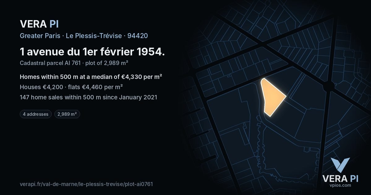 1 avenue du 1er février 1954, Le Plessis-Trévise at night – the plot lit, the parcels around coloured by the prices near them