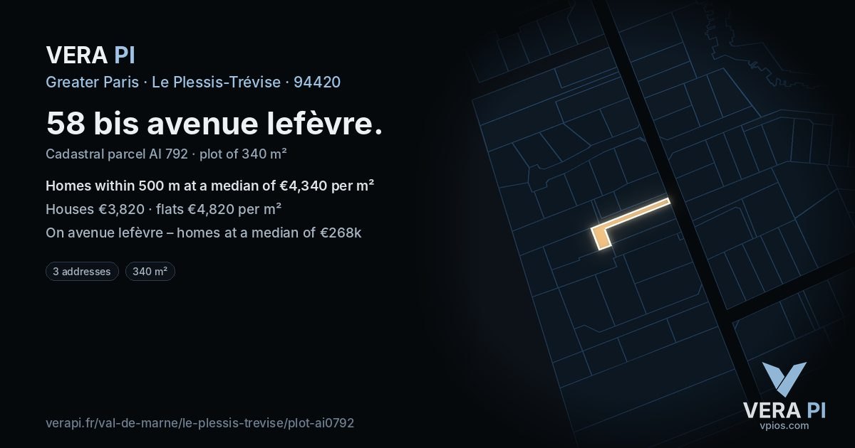 58 bis avenue lefèvre, Le Plessis-Trévise at night – the plot lit, the parcels around coloured by the prices near them