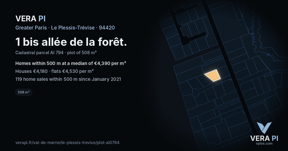 1 bis allée de la forêt, Le Plessis-Trévise at night – the plot lit, the parcels around coloured by the prices near them