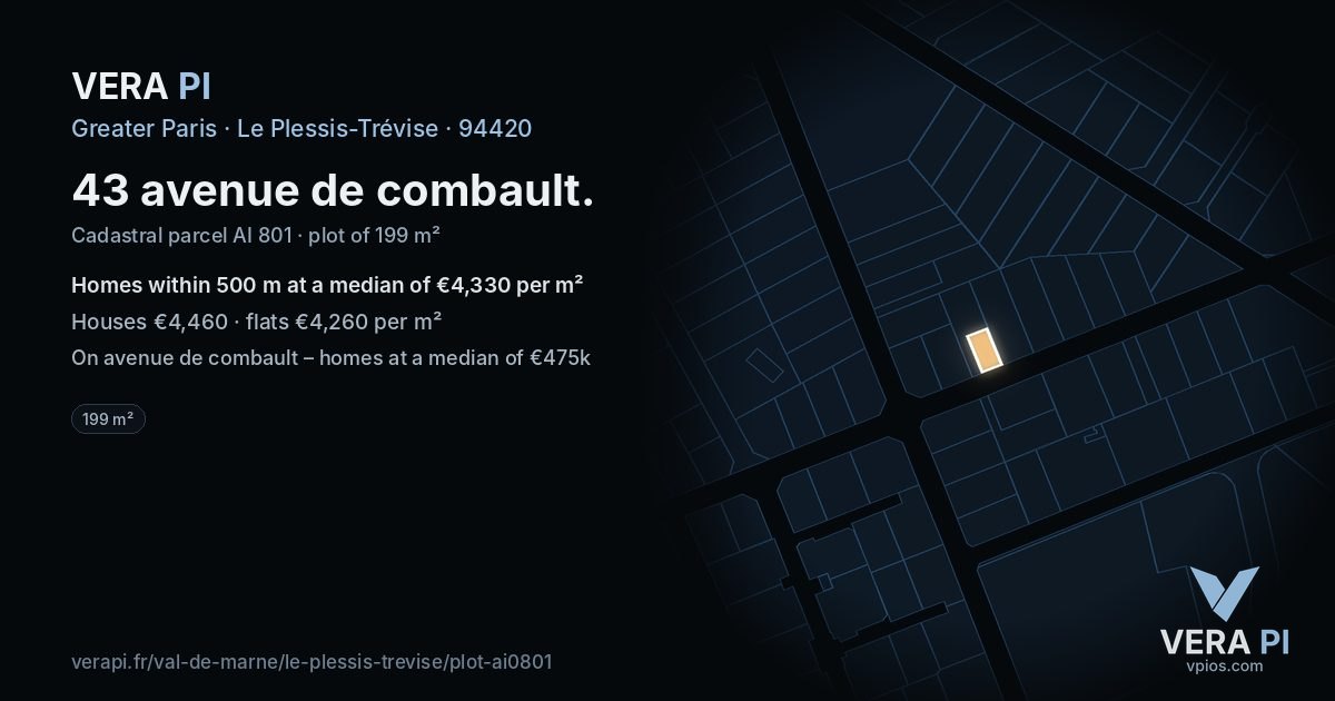 43 avenue de combault, Le Plessis-Trévise at night – the plot lit, the parcels around coloured by the prices near them
