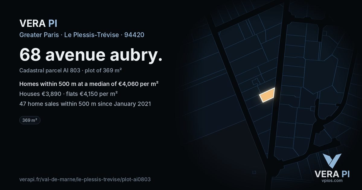 68 avenue aubry, Le Plessis-Trévise at night – the plot lit, the parcels around coloured by the prices near them