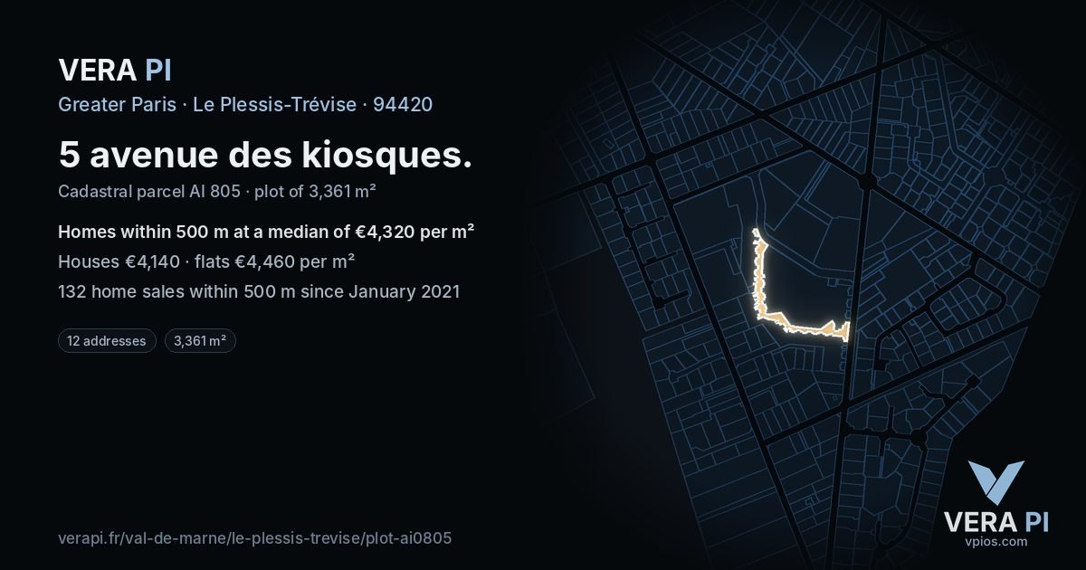 5 avenue des kiosques, Le Plessis-Trévise at night – the plot lit, the parcels around coloured by the prices near them