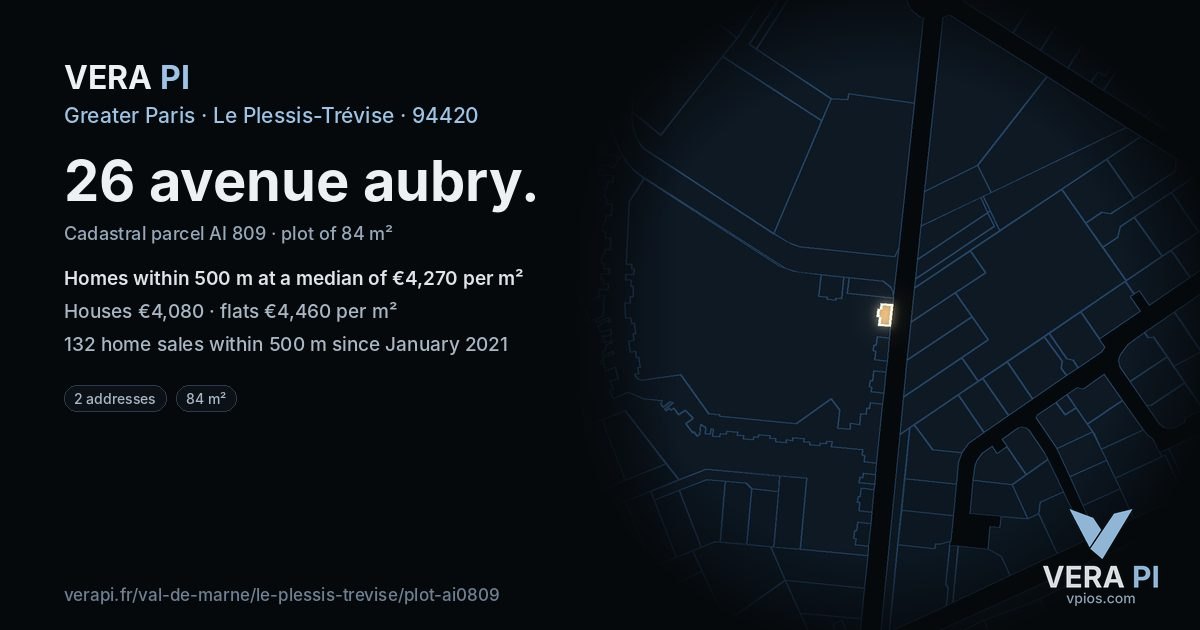 26 avenue aubry, Le Plessis-Trévise at night – the plot lit, the parcels around coloured by the prices near them