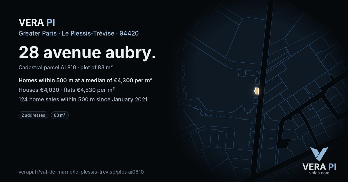 28 avenue aubry, Le Plessis-Trévise at night – the plot lit, the parcels around coloured by the prices near them