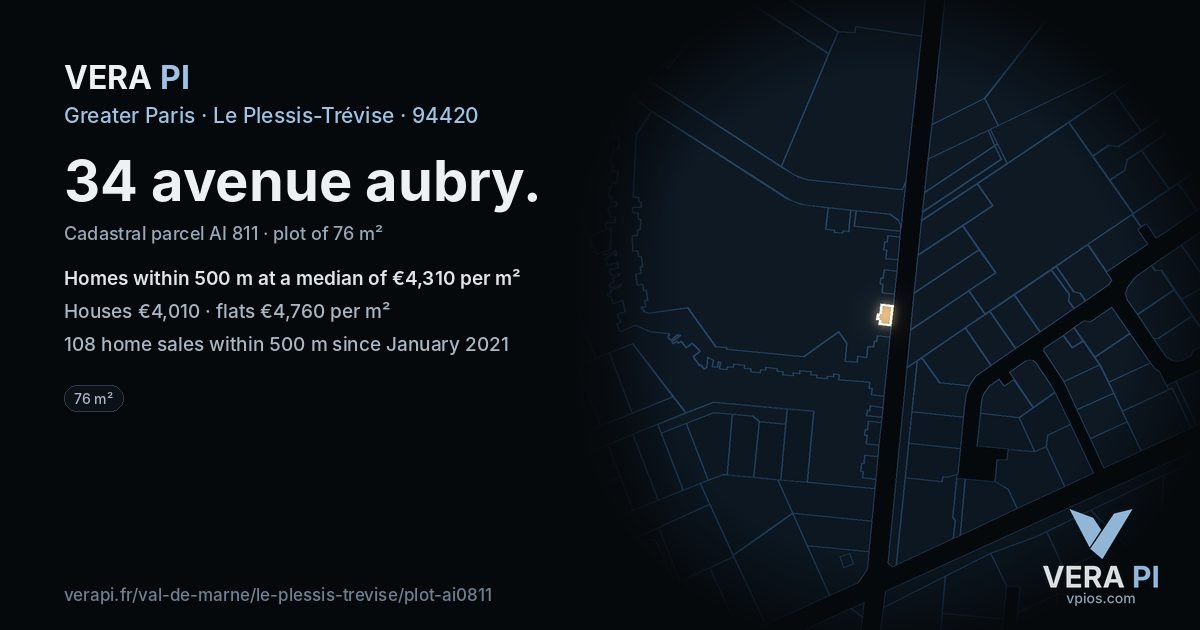 34 avenue aubry, Le Plessis-Trévise at night – the plot lit, the parcels around coloured by the prices near them