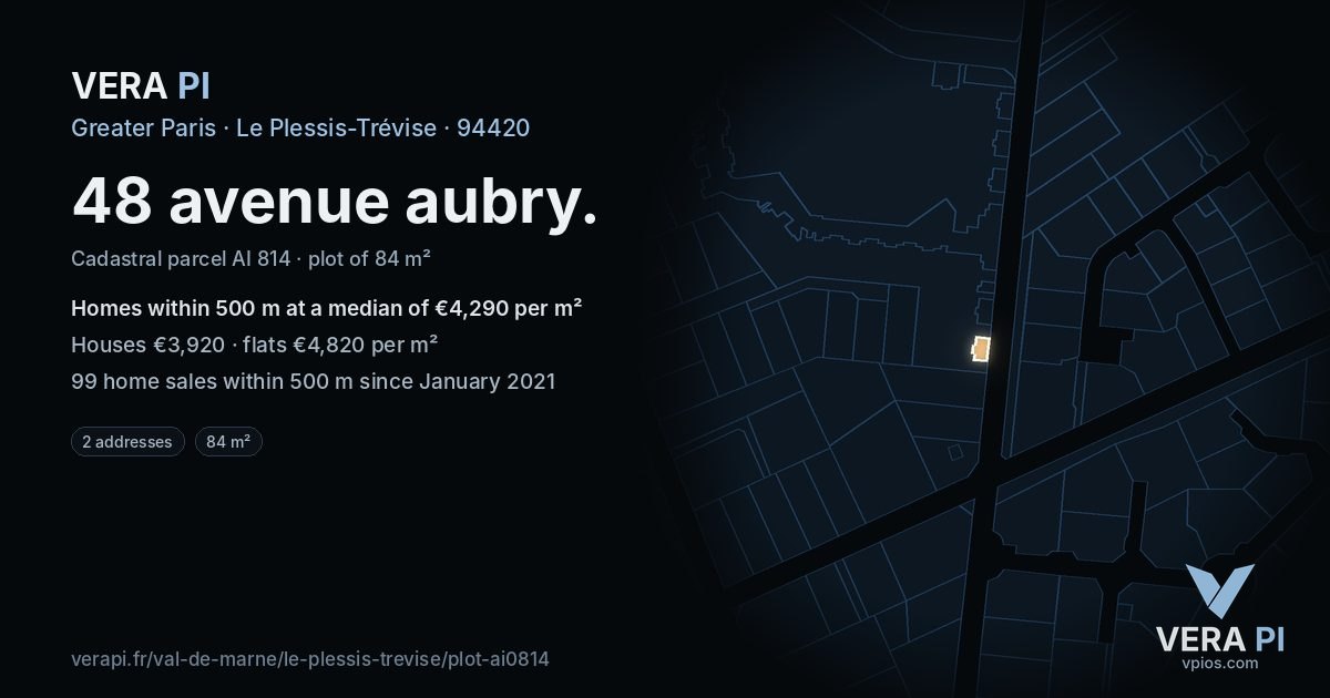 48 avenue aubry, Le Plessis-Trévise at night – the plot lit, the parcels around coloured by the prices near them