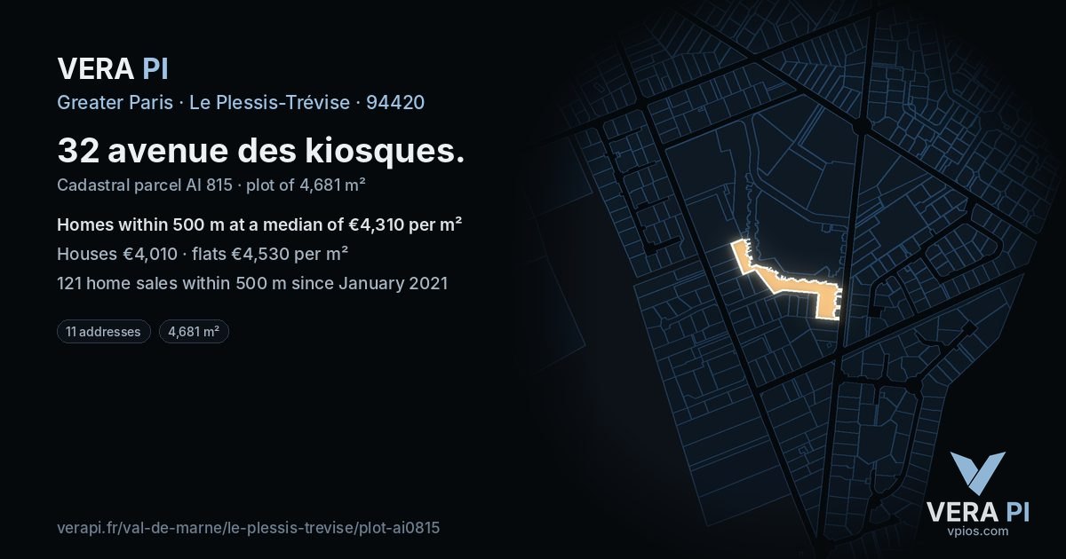 32 avenue des kiosques, Le Plessis-Trévise at night – the plot lit, the parcels around coloured by the prices near them
