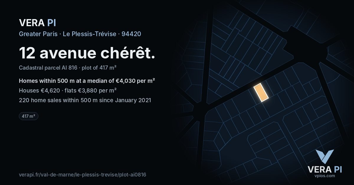 12 avenue chérêt, Le Plessis-Trévise at night – the plot lit, the parcels around coloured by the prices near them