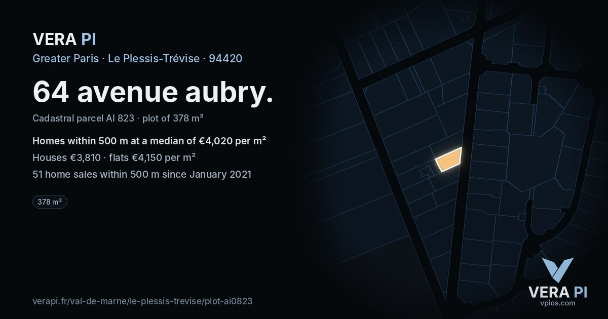 64 avenue aubry, Le Plessis-Trévise at night – the plot lit, the parcels around coloured by the prices near them