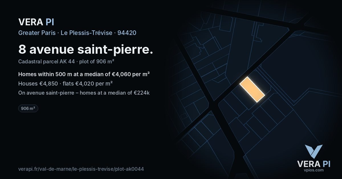 8 avenue saint-pierre, Le Plessis-Trévise at night – the plot lit, the parcels around coloured by the prices near them
