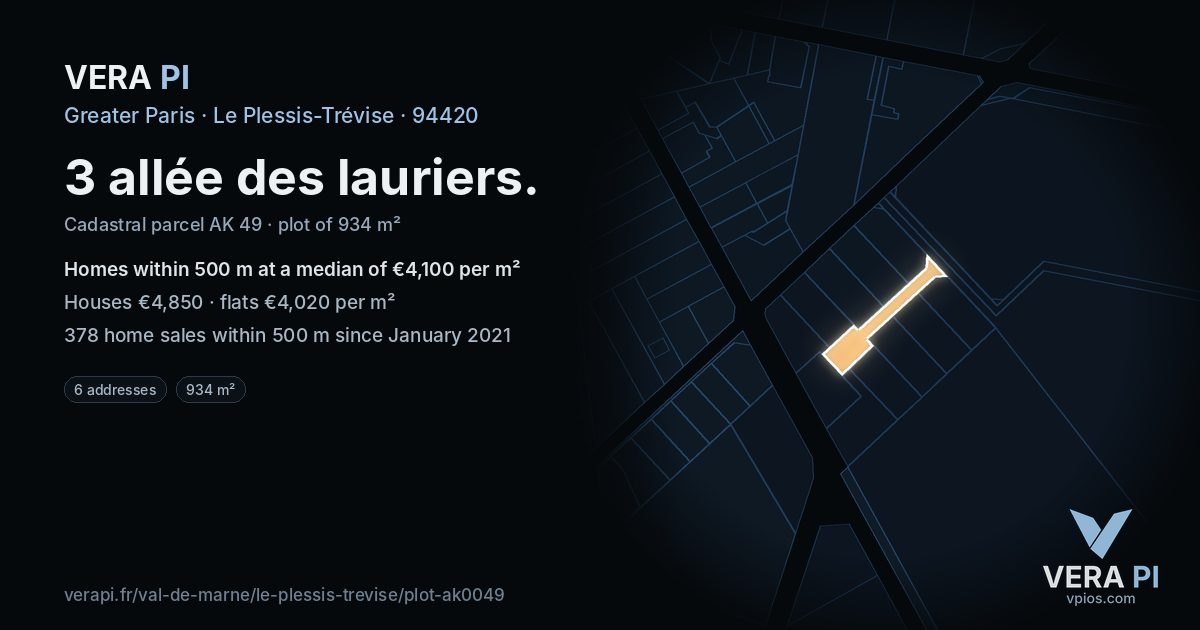 3 allée des lauriers, Le Plessis-Trévise at night – the plot lit, the parcels around coloured by the prices near them