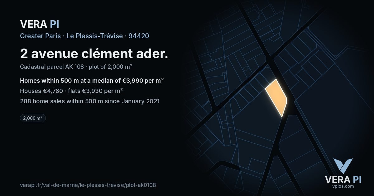2 avenue clément ader, Le Plessis-Trévise at night – the plot lit, the parcels around coloured by the prices near them