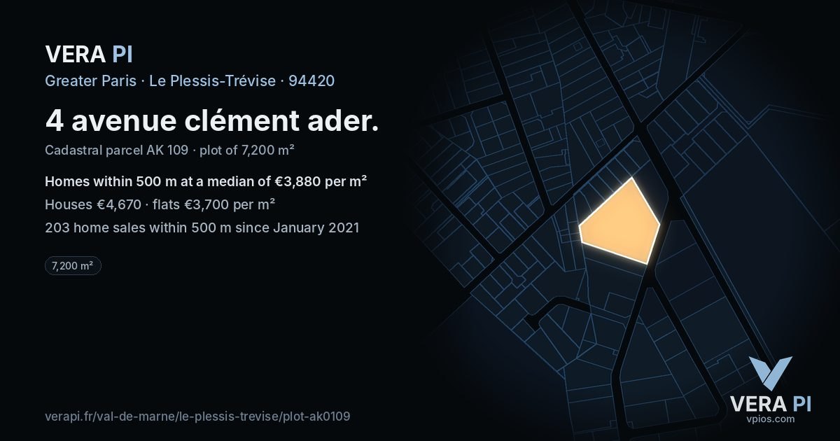4 avenue clément ader, Le Plessis-Trévise at night – the plot lit, the parcels around coloured by the prices near them