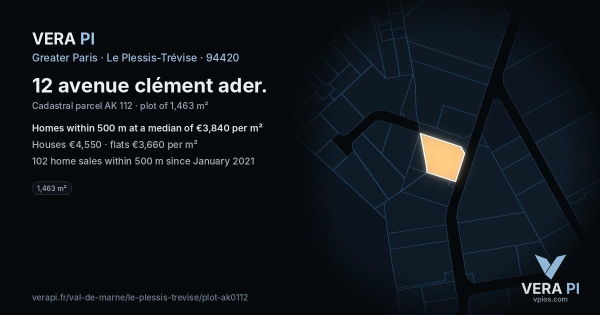 12 avenue clément ader, Le Plessis-Trévise at night – the plot lit, the parcels around coloured by the prices near them