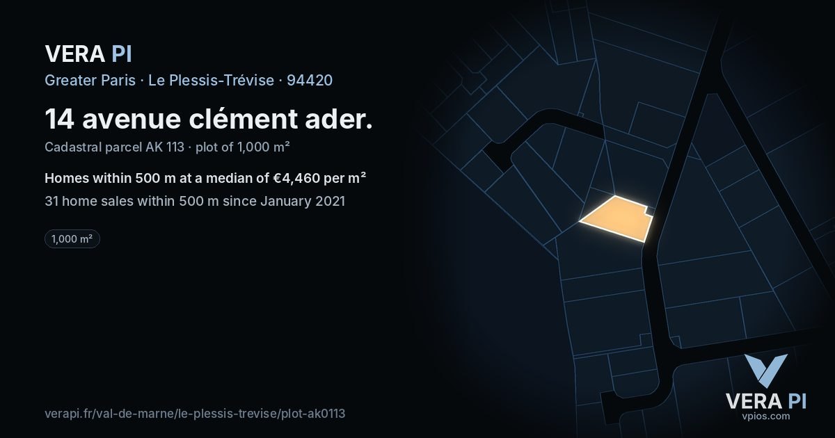 14 avenue clément ader, Le Plessis-Trévise at night – the plot lit, the parcels around coloured by the prices near them