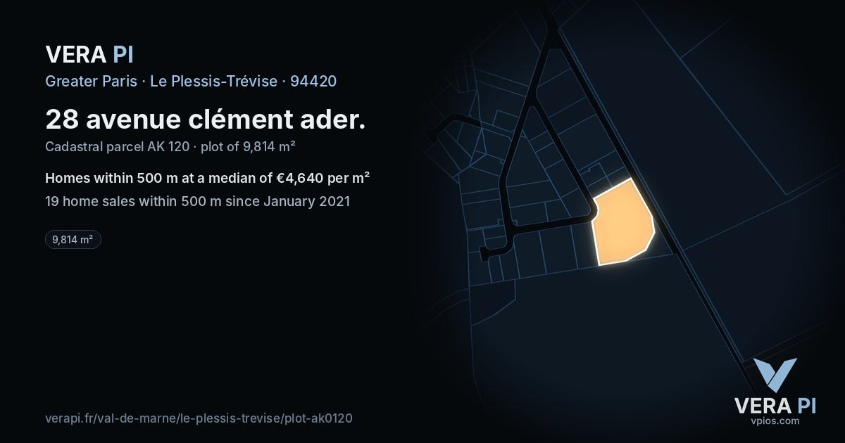28 avenue clément ader, Le Plessis-Trévise at night – the plot lit, the parcels around coloured by the prices near them