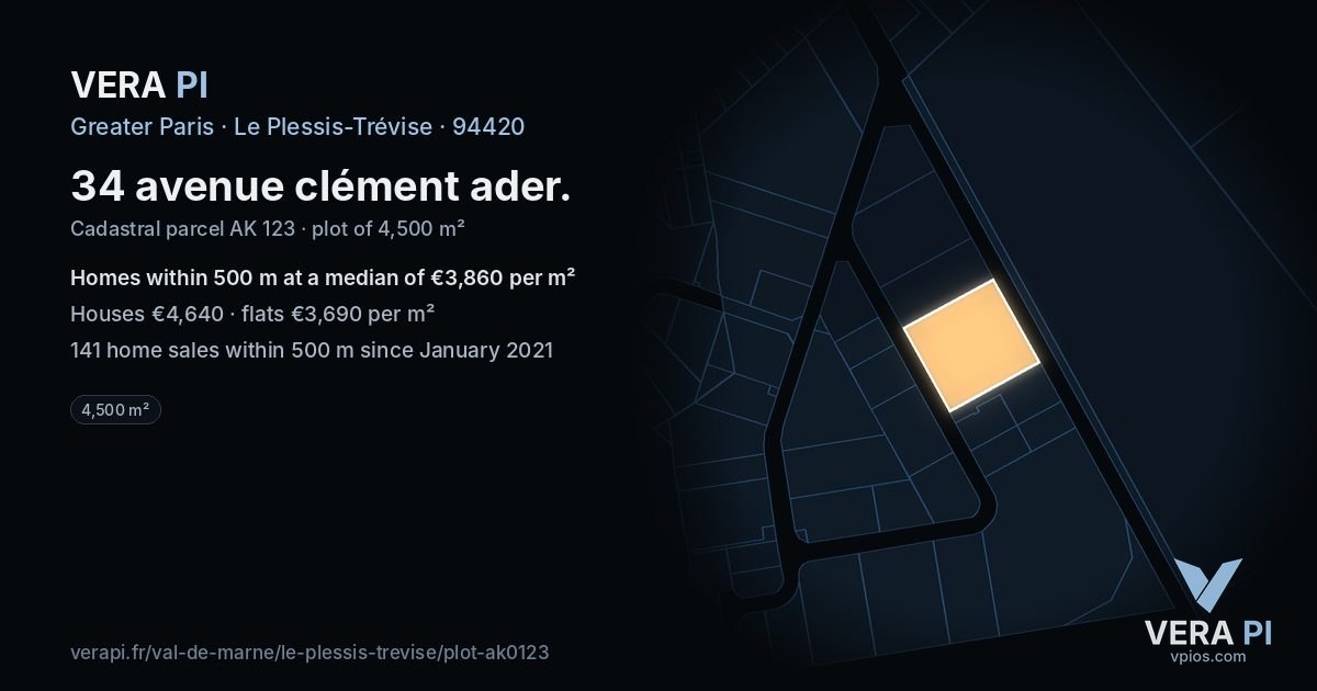 34 avenue clément ader, Le Plessis-Trévise at night – the plot lit, the parcels around coloured by the prices near them