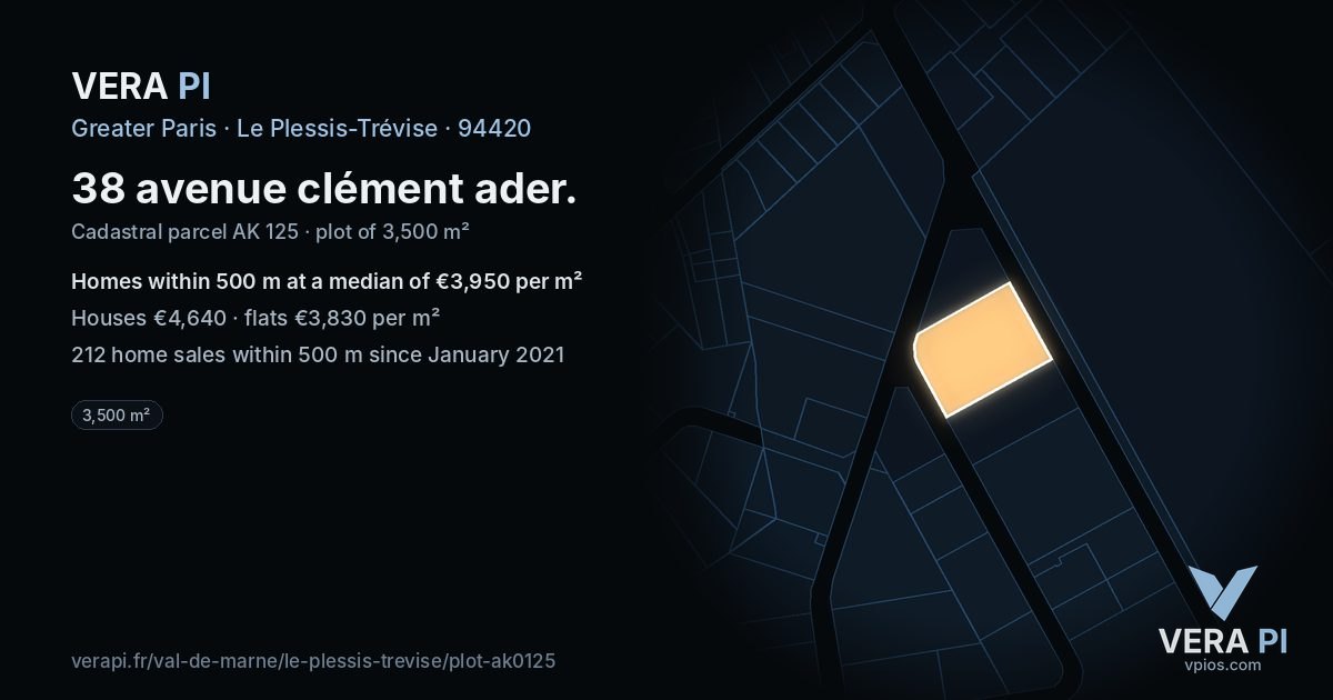 38 avenue clément ader, Le Plessis-Trévise at night – the plot lit, the parcels around coloured by the prices near them