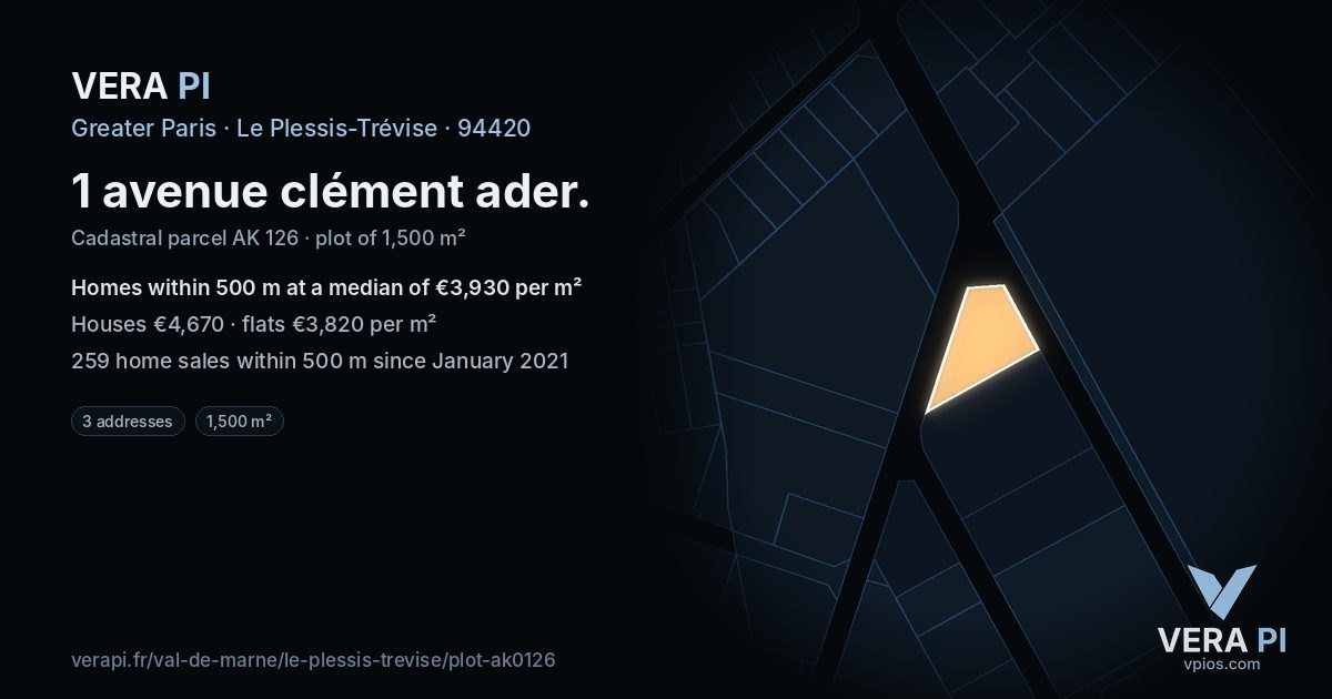 1 avenue clément ader, Le Plessis-Trévise at night – the plot lit, the parcels around coloured by the prices near them