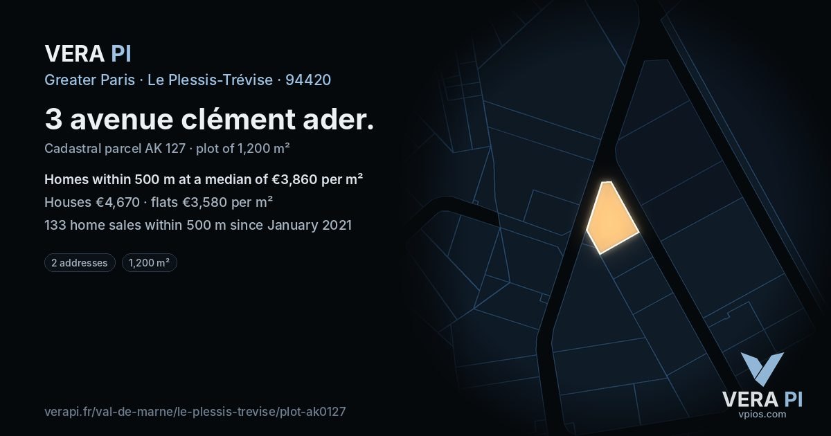 3 avenue clément ader, Le Plessis-Trévise at night – the plot lit, the parcels around coloured by the prices near them