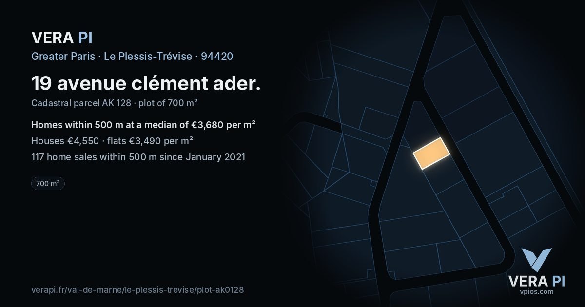 19 avenue clément ader, Le Plessis-Trévise at night – the plot lit, the parcels around coloured by the prices near them
