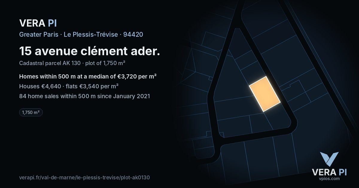 15 avenue clément ader, Le Plessis-Trévise at night – the plot lit, the parcels around coloured by the prices near them